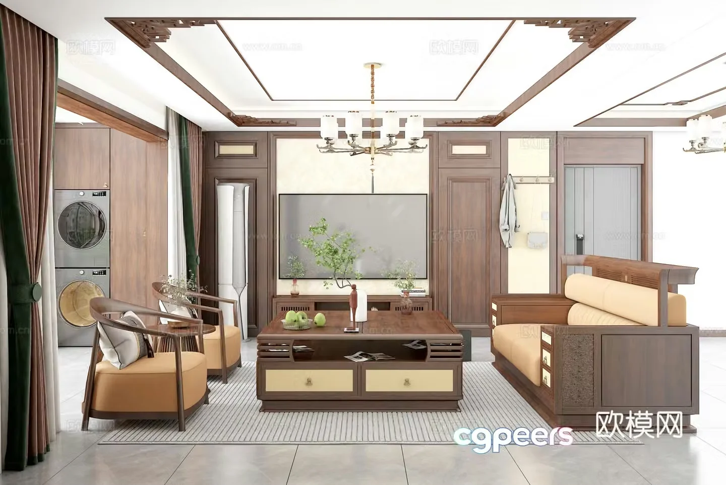 New Chinese living room TV cabinet background wall sofa coffee table combination ring chair 3D model