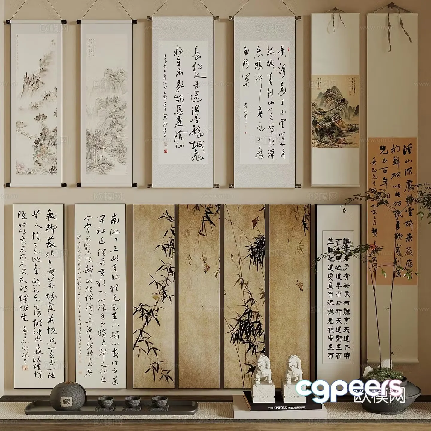 New Chinese style decorative painting calligraphy hanging painting 3d model