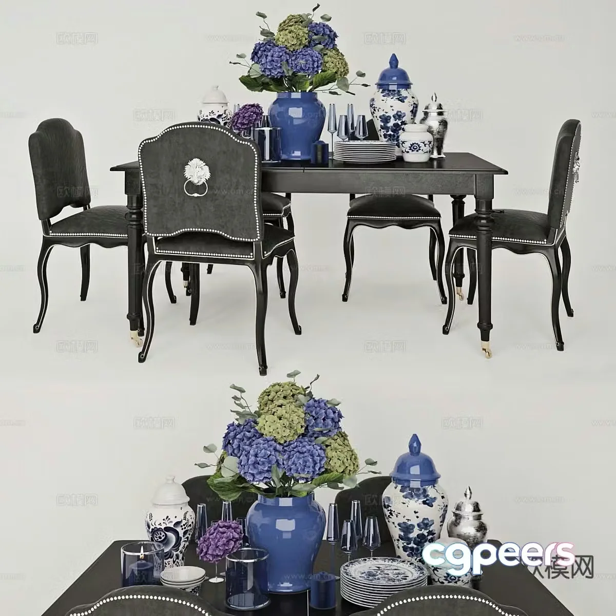 French dining table and chairs 3d model