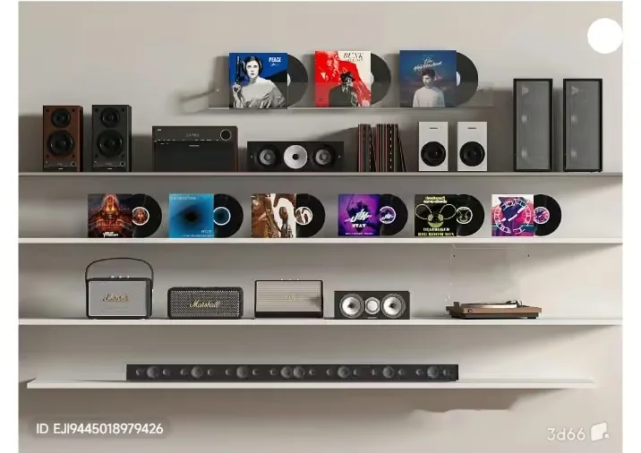 White Floating Shelves With Vinyl Records And Speakers 3D Model – 15856 – VRAY Render