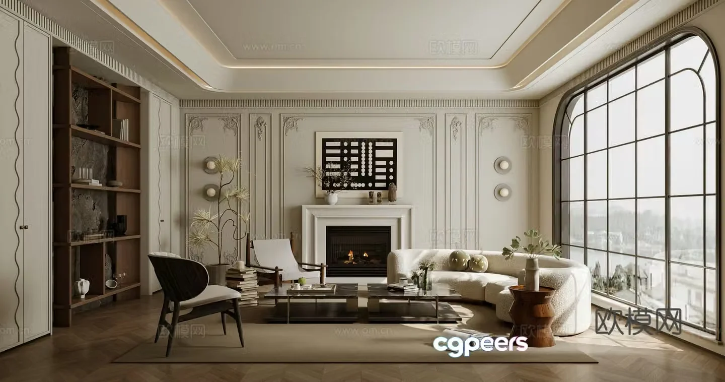French living room sofa coffee table combination single sofa curved sofa side table 3D model