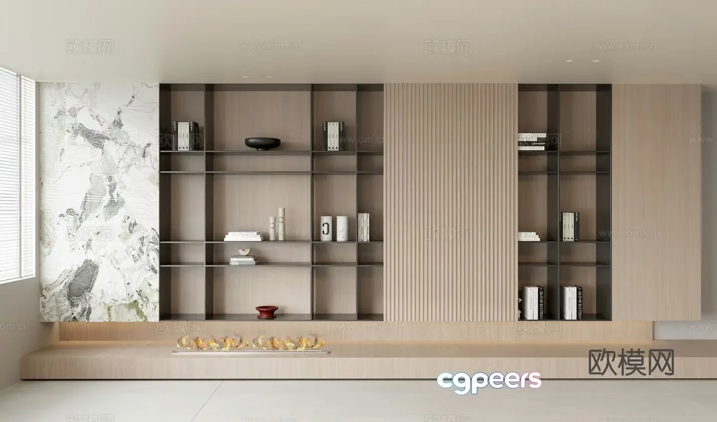 Solid wood bookcase Solid wood background decoration cabinet Books Ornament ornament Fireplace 3d model