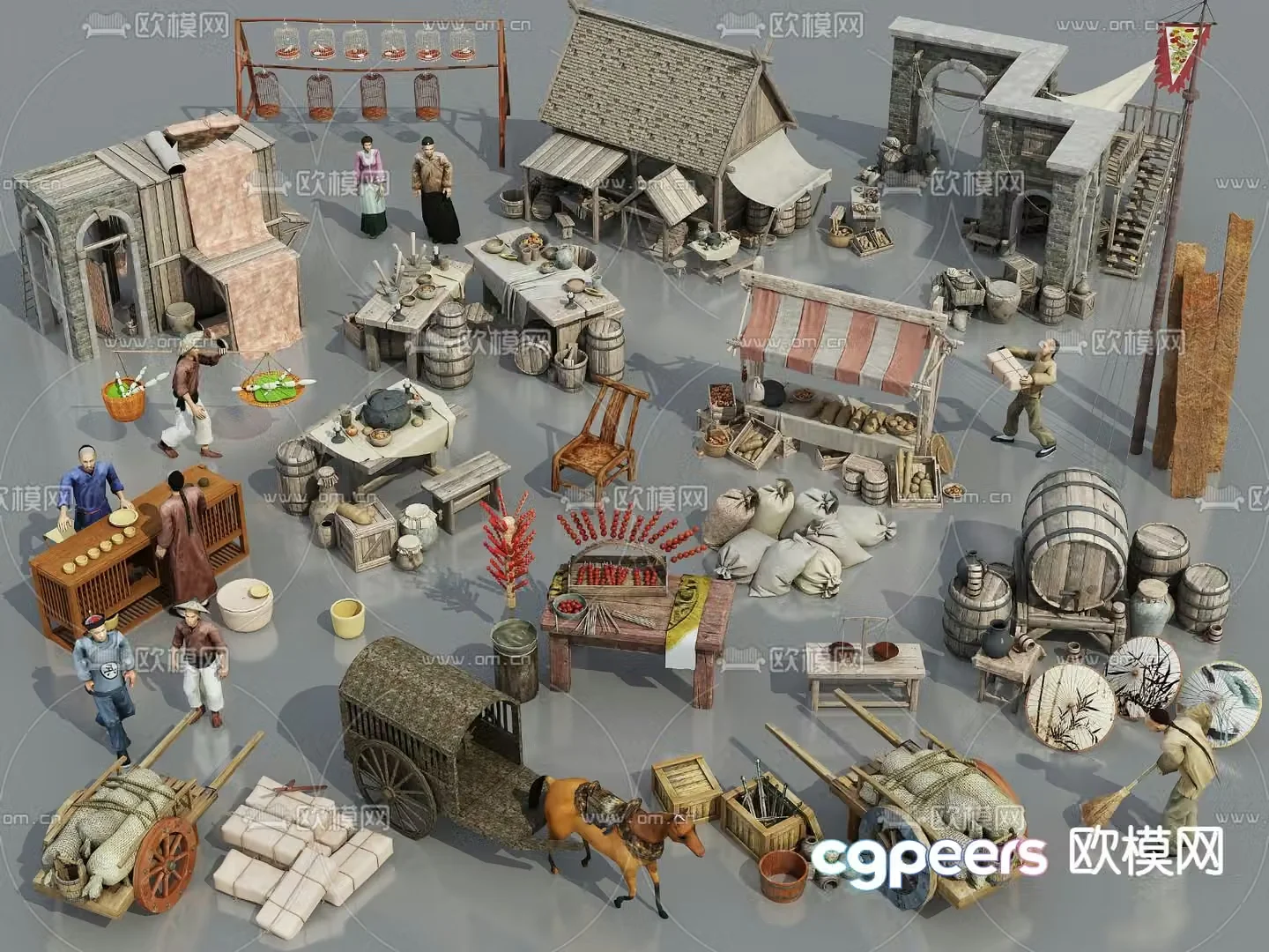 Ancient commercial street sketches 3D models of ancient characters