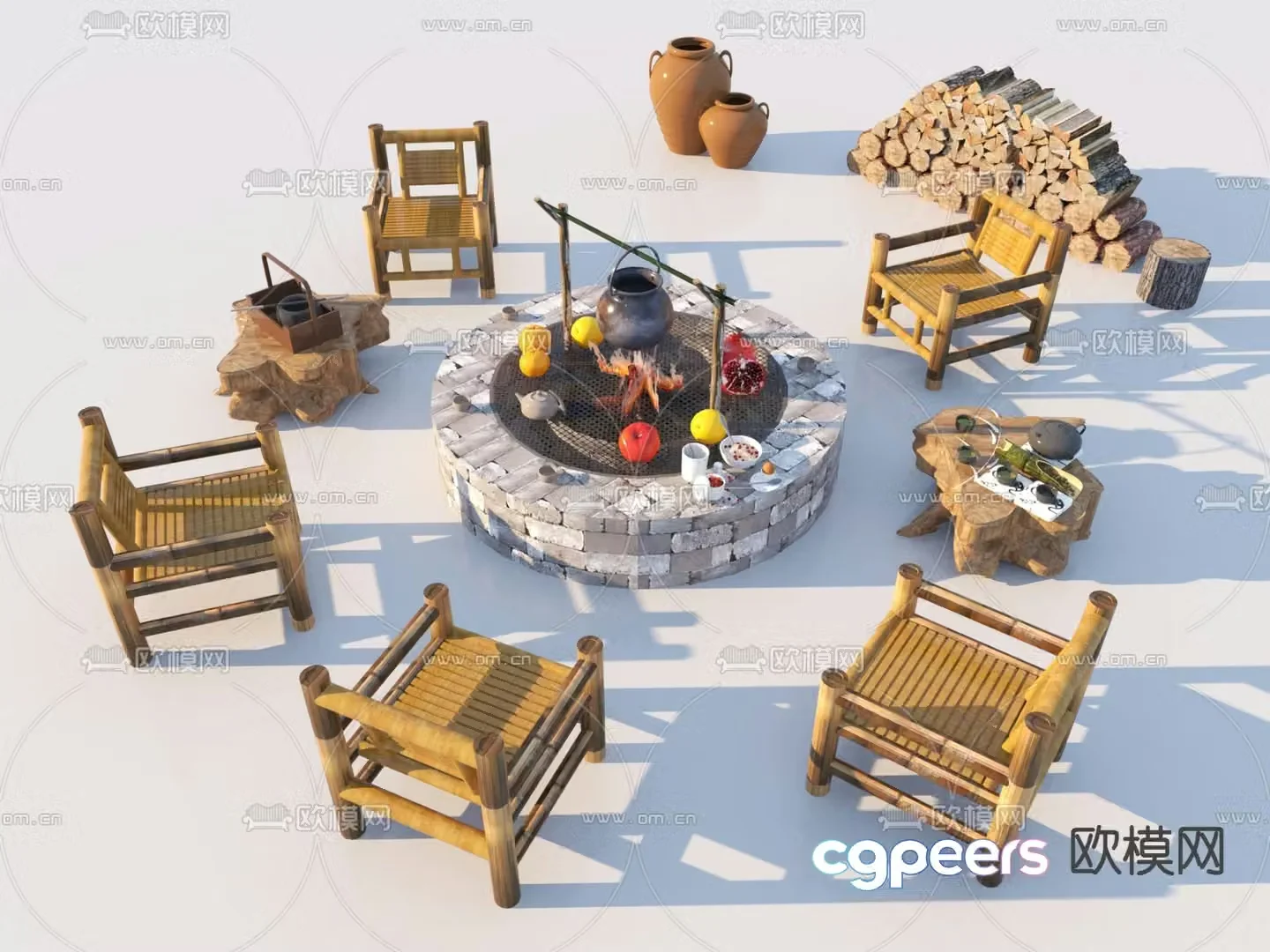 New Chinese style outdoor chair bamboo chair campfire 3d model