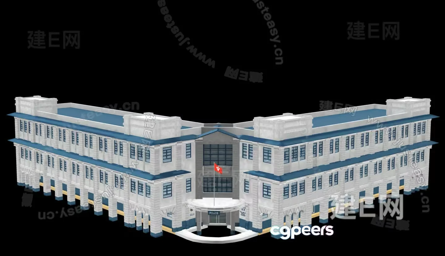 A Large White Building With A Blue Roof 3D Model – 1286 – VRAY Render
