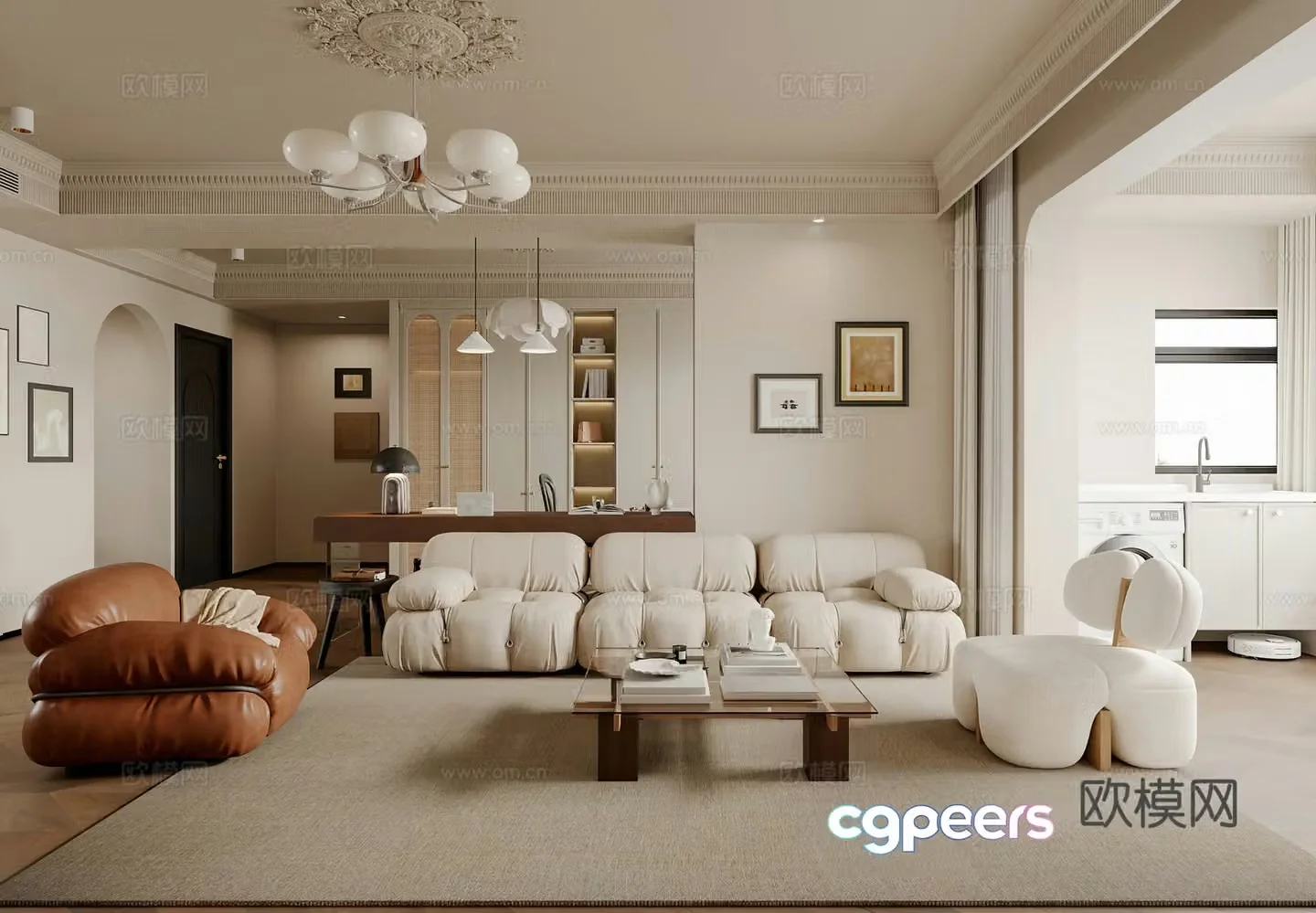 French living and dining room combination sofa leisure chair creamy living room medieval living room sweeper 3d model