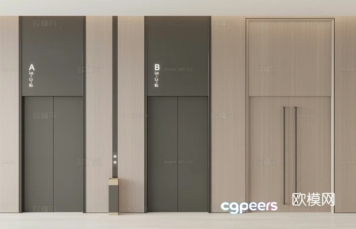 New Chinese style elevator hall double door fire exit door 3D model