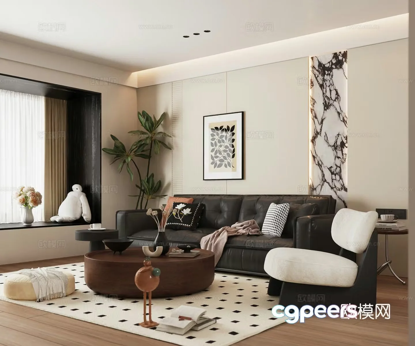 Retro living room medieval style living room bay window living room log living room 3d model