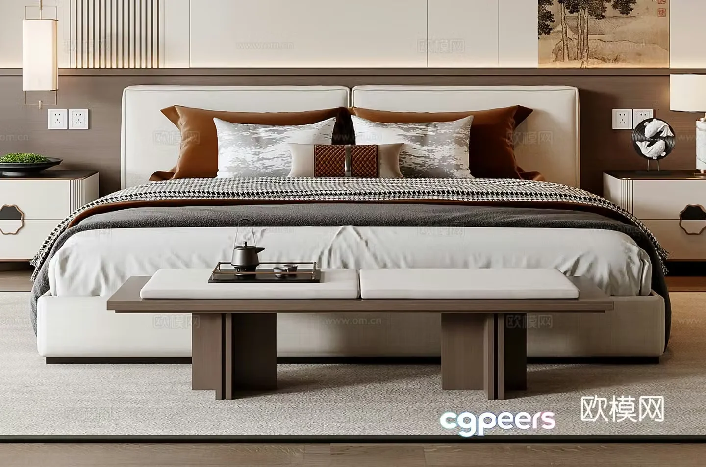 New Chinese style double bed 3D model