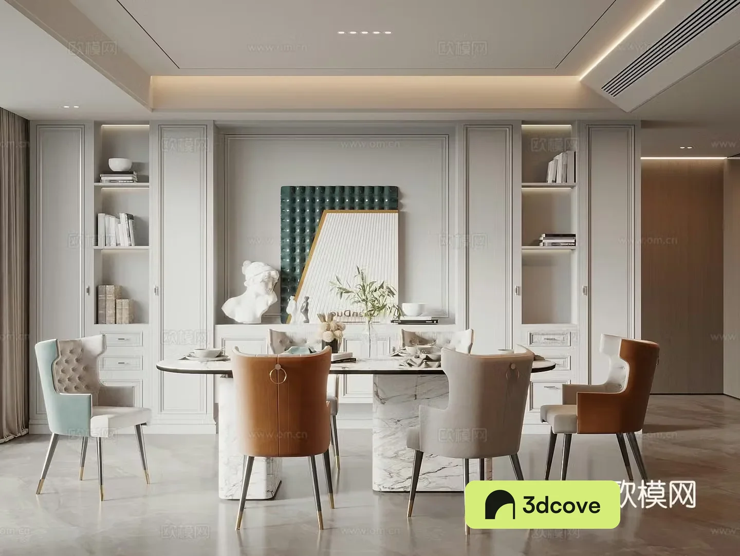 French simple European restaurant round table and chair combination wine cabinet sideboard restaurant without lamps hanging painting