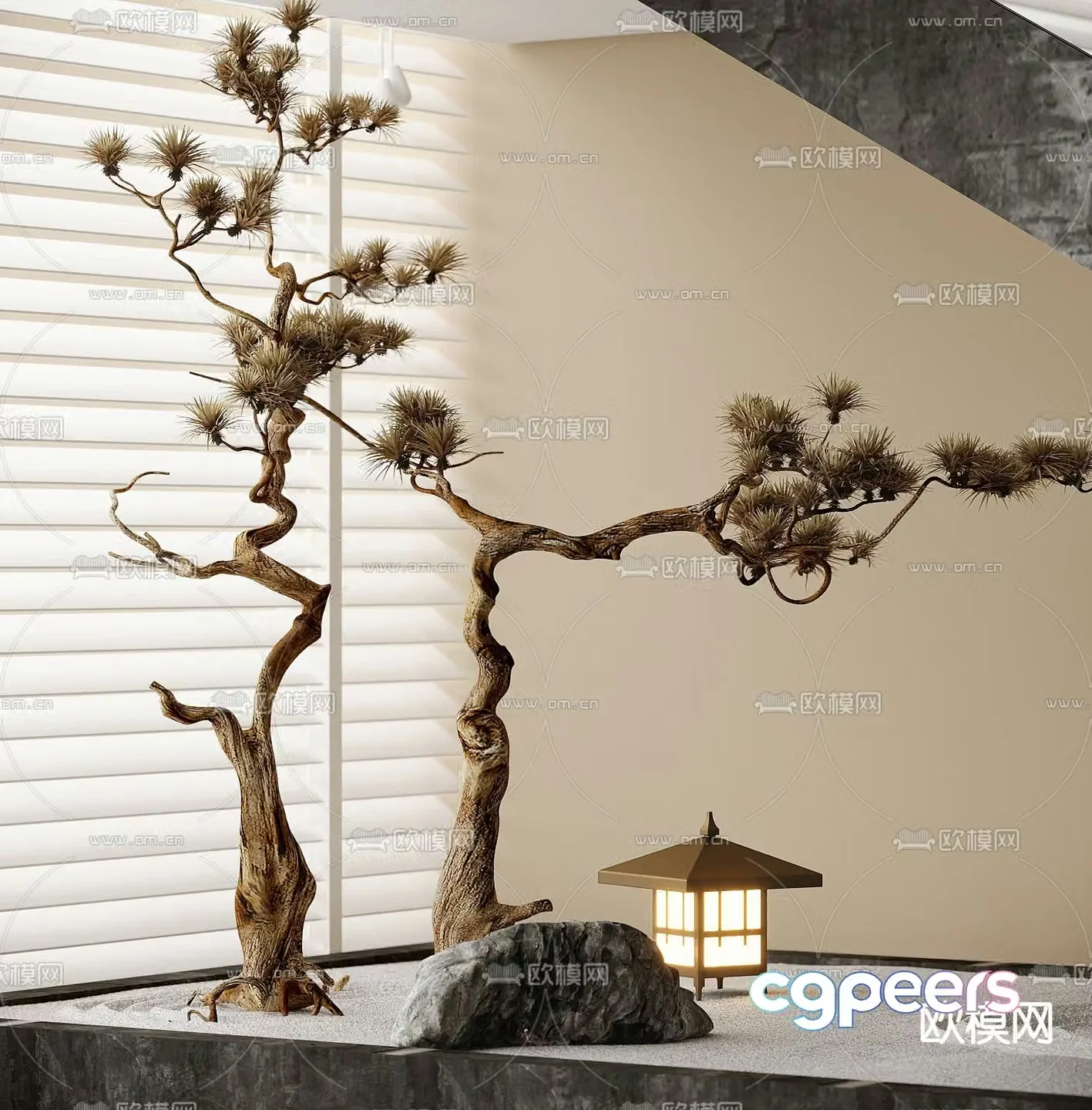 New Chinese style fake stone pine tree landscape sketch 3D model