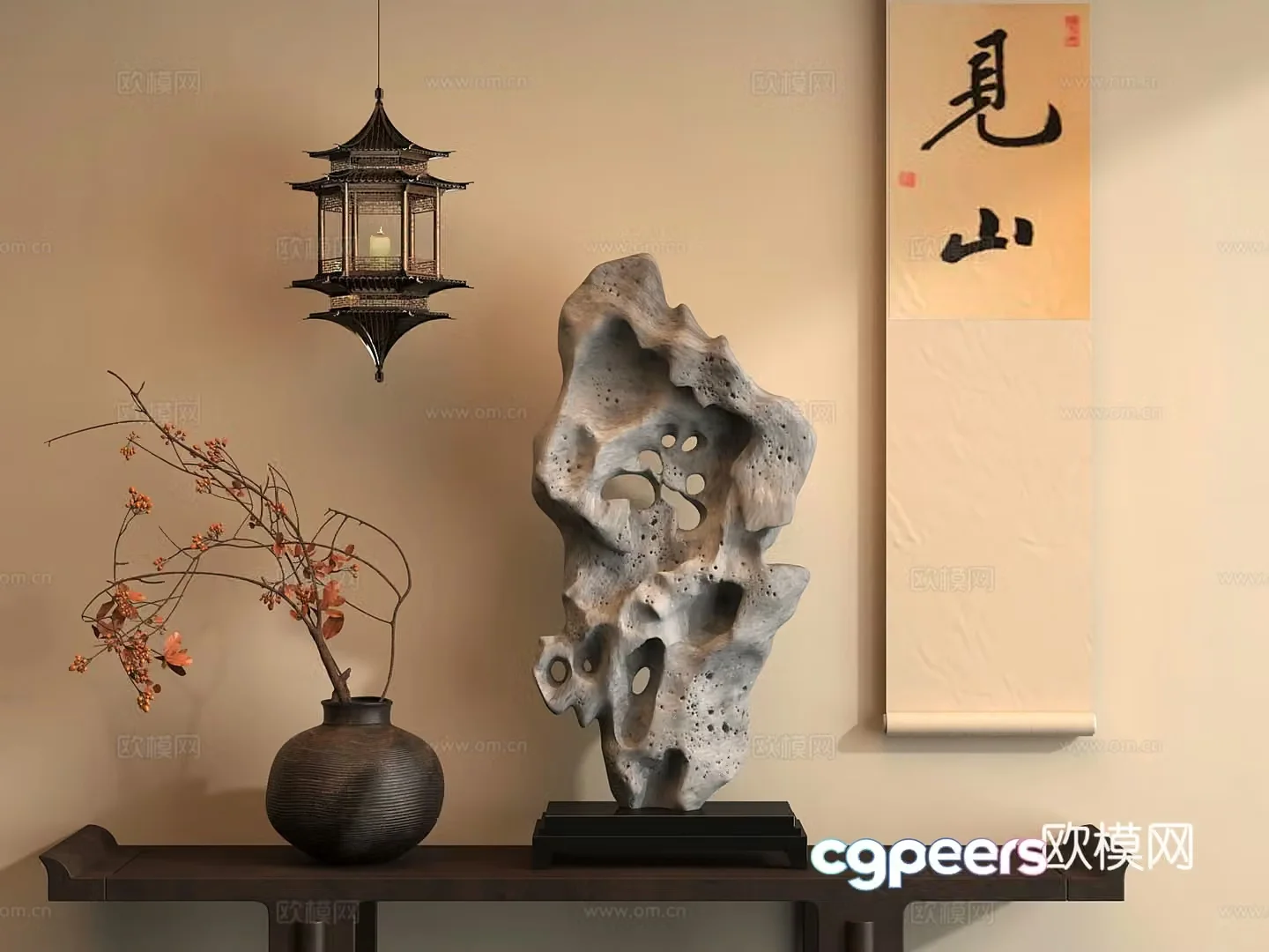New Chinese style ancient Taihu stone chandeliers hanging painting 3D model
