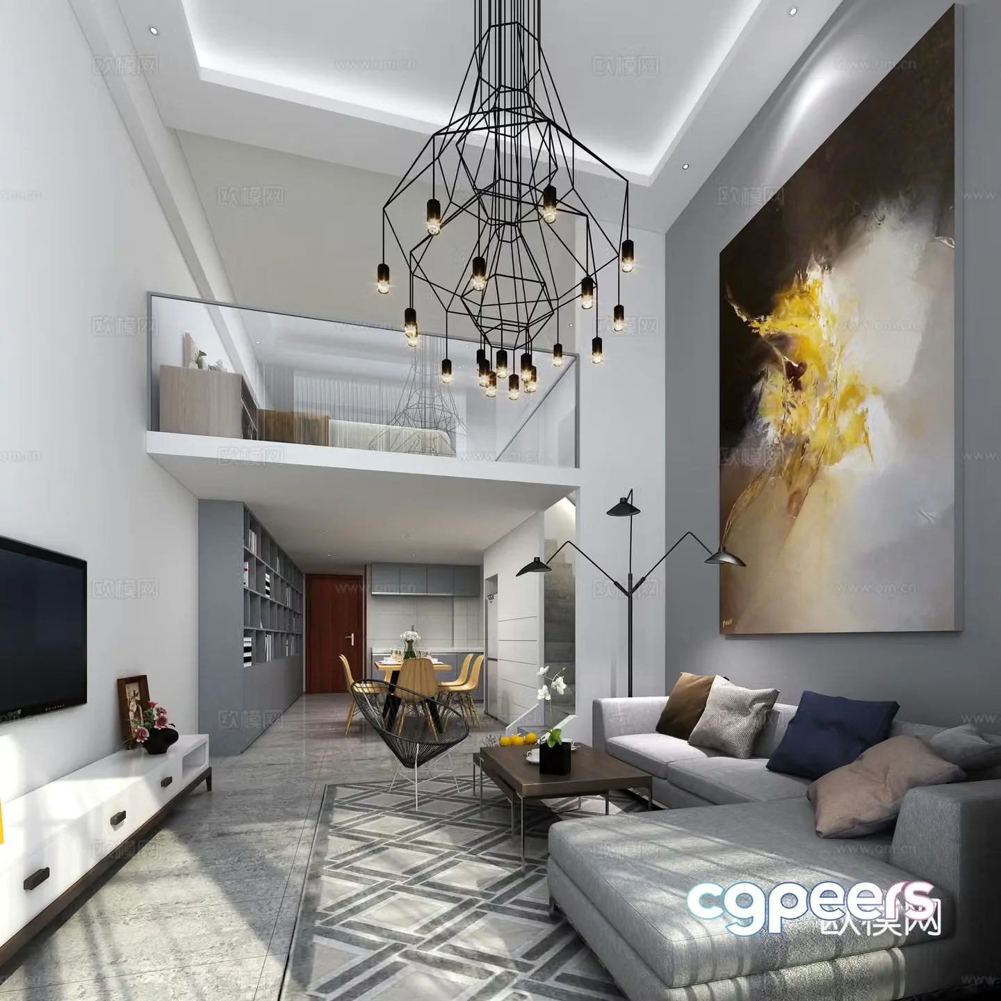 Modern Nordic duplex apartment chandeliers dining table and chairs sofa coffee table carpet chandeliers 3d model