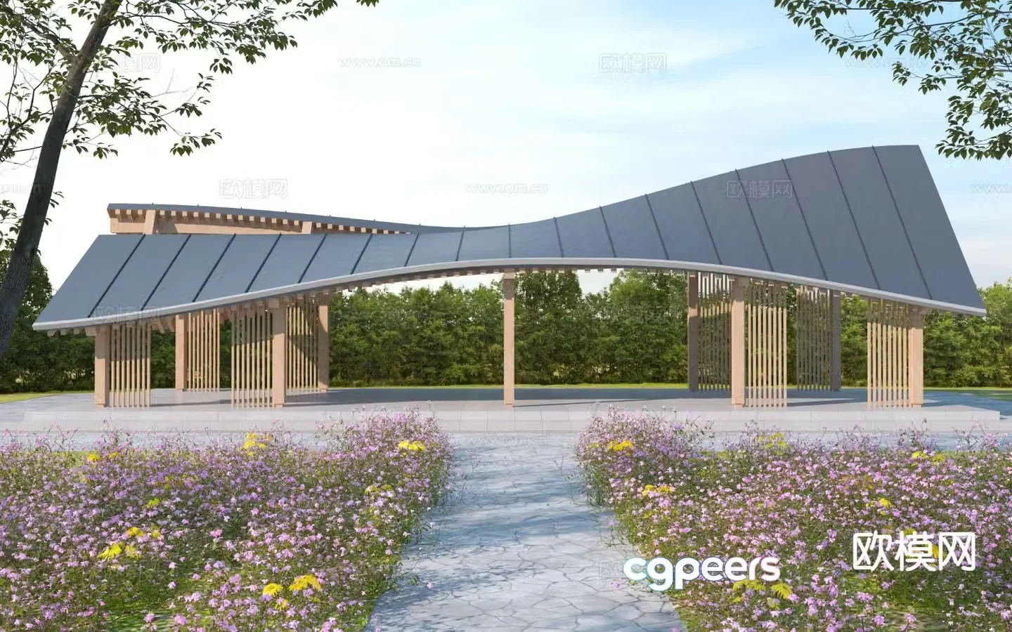 New Chinese style gallery curved gallery 3D model