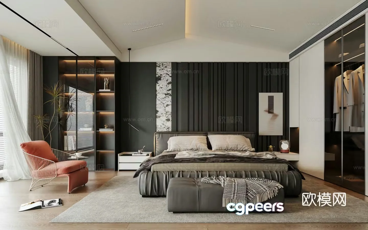 Italian light luxury home bedroom dark wind bedside background wall oblique top bedroom premium gray bedroom 3D model
