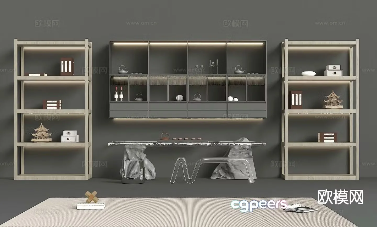 High-end gray tea cabinet wall hanging cabinet 3D model