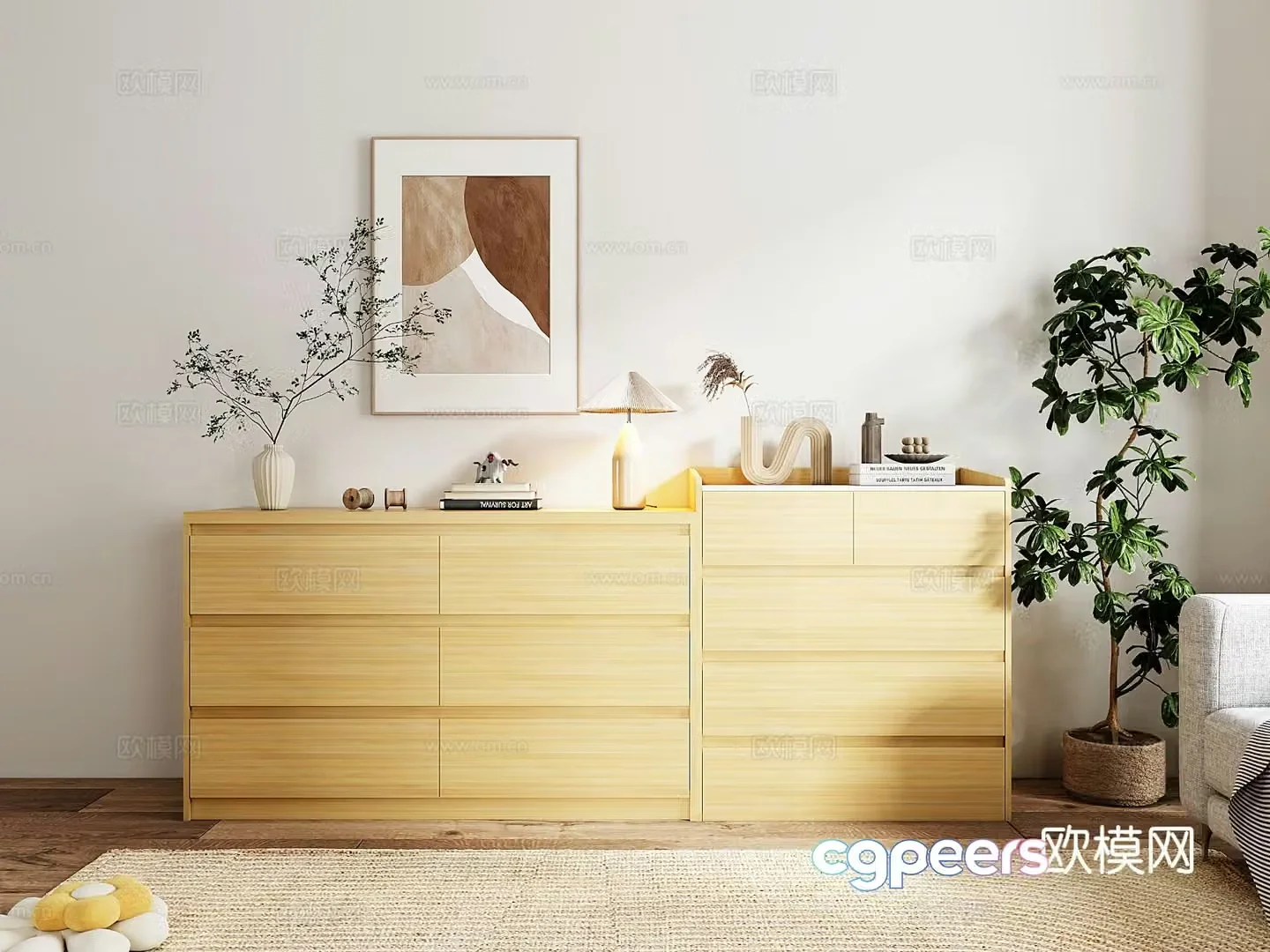 Log style cupboard low cabinet wood grain cabinet 3D model
