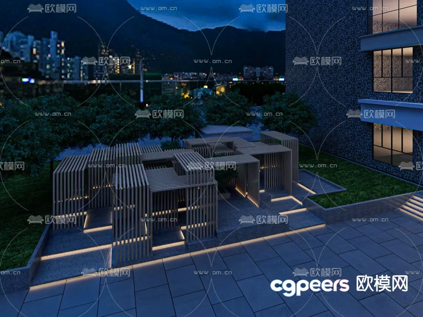 Courtyard landscape rest pavilion night view 3d model