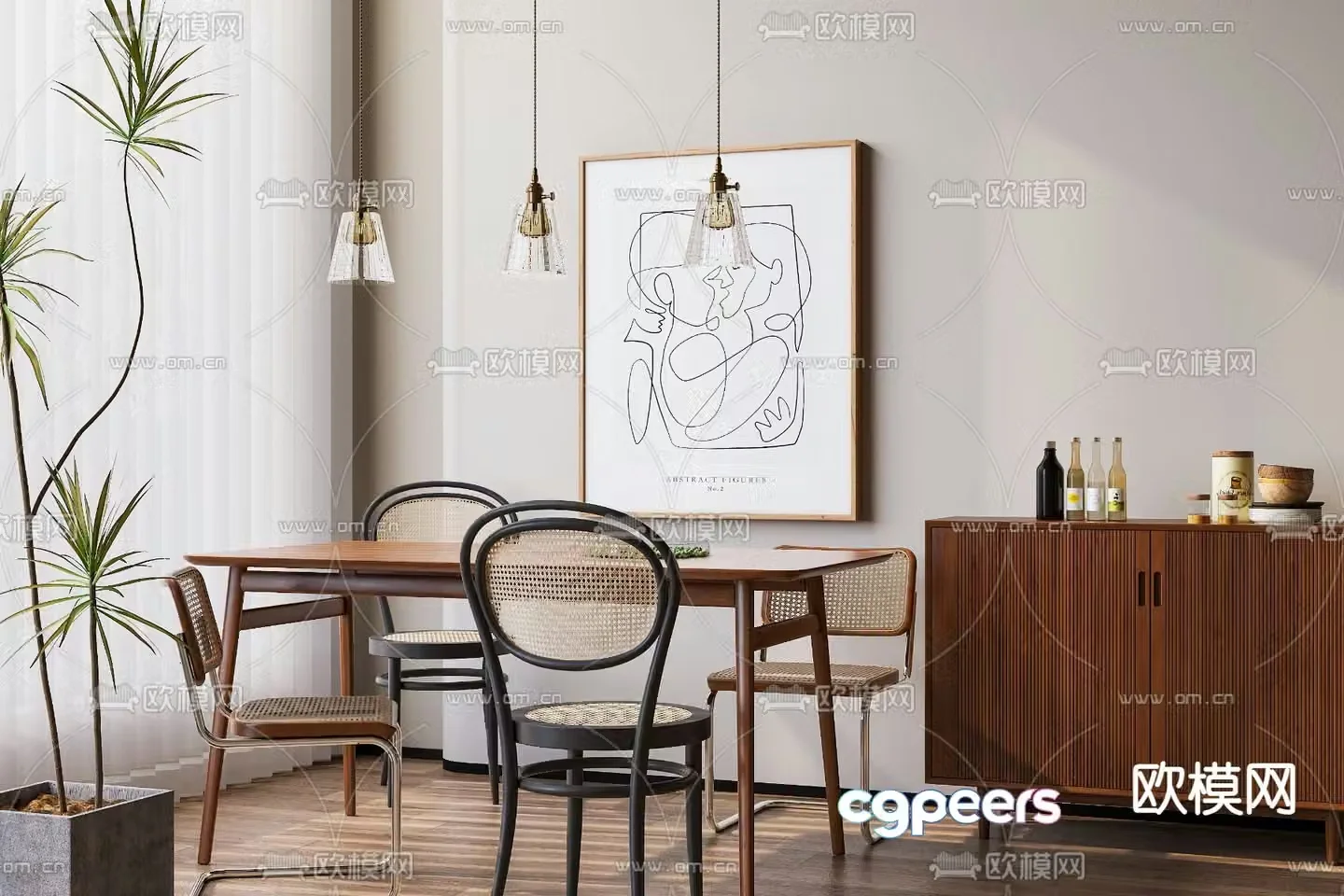 Wabi-sabi dining table and chairs 3d model