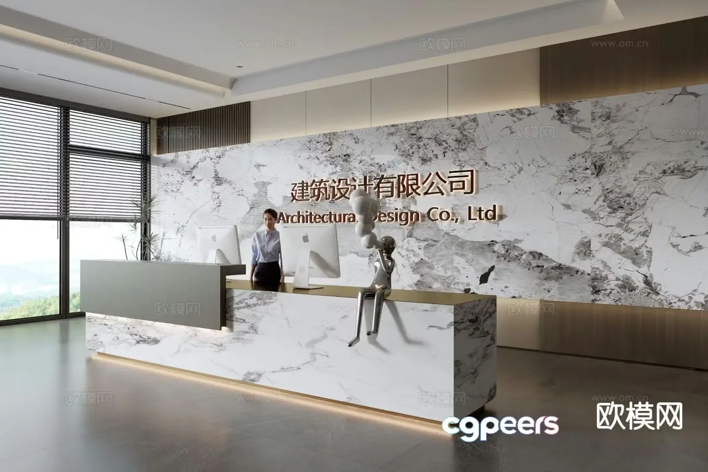 Modern company front desk reception desk corporate wall 3d model