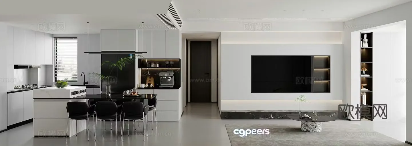Modern minimalist living and dining room 3D model