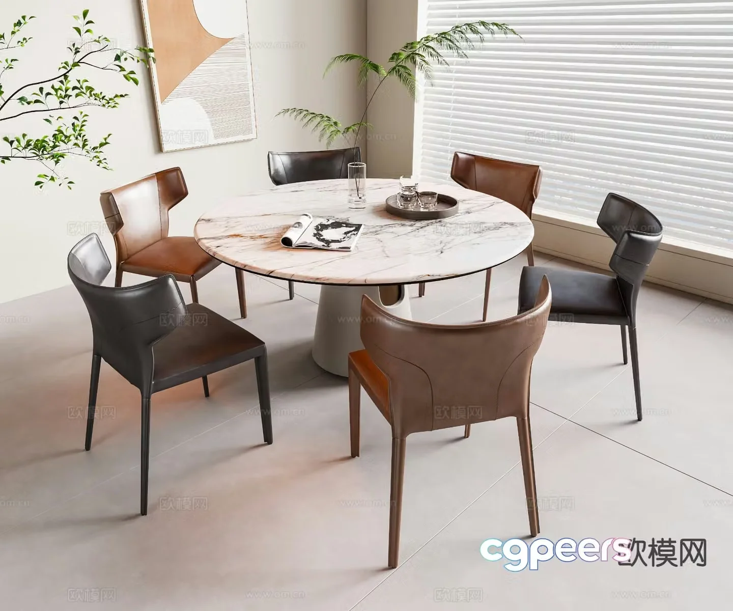 Modern round dining table and chairs 3d model
