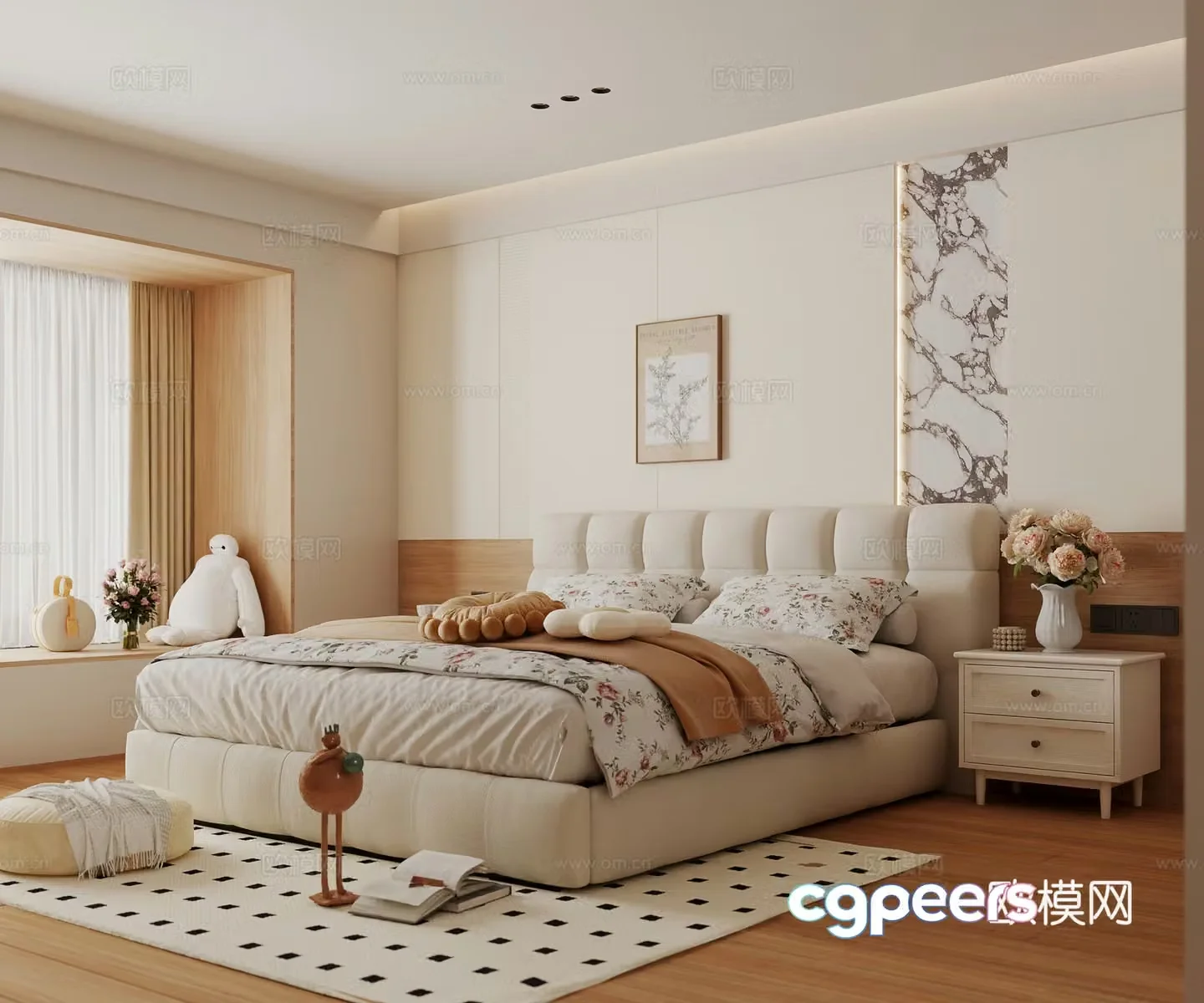 Cream log home bedroom log cream bay window bedroom 3d model