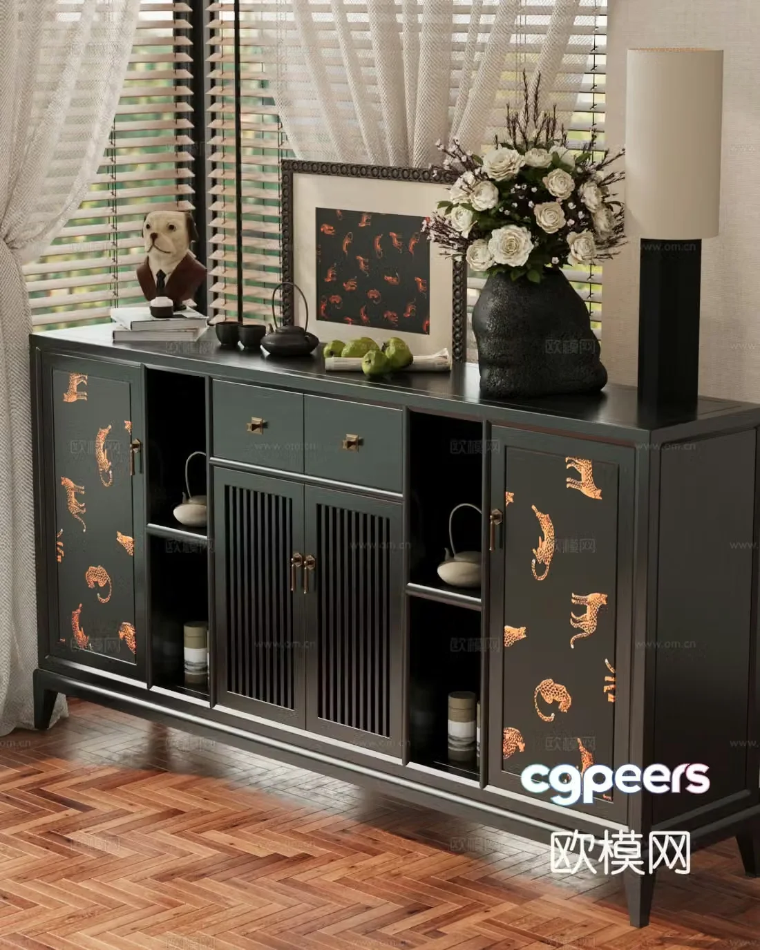 French style medieval chest of drawers retro style porch cabinet decorative cabinet side cabinet medieval dining side cabinet flower art 3D model