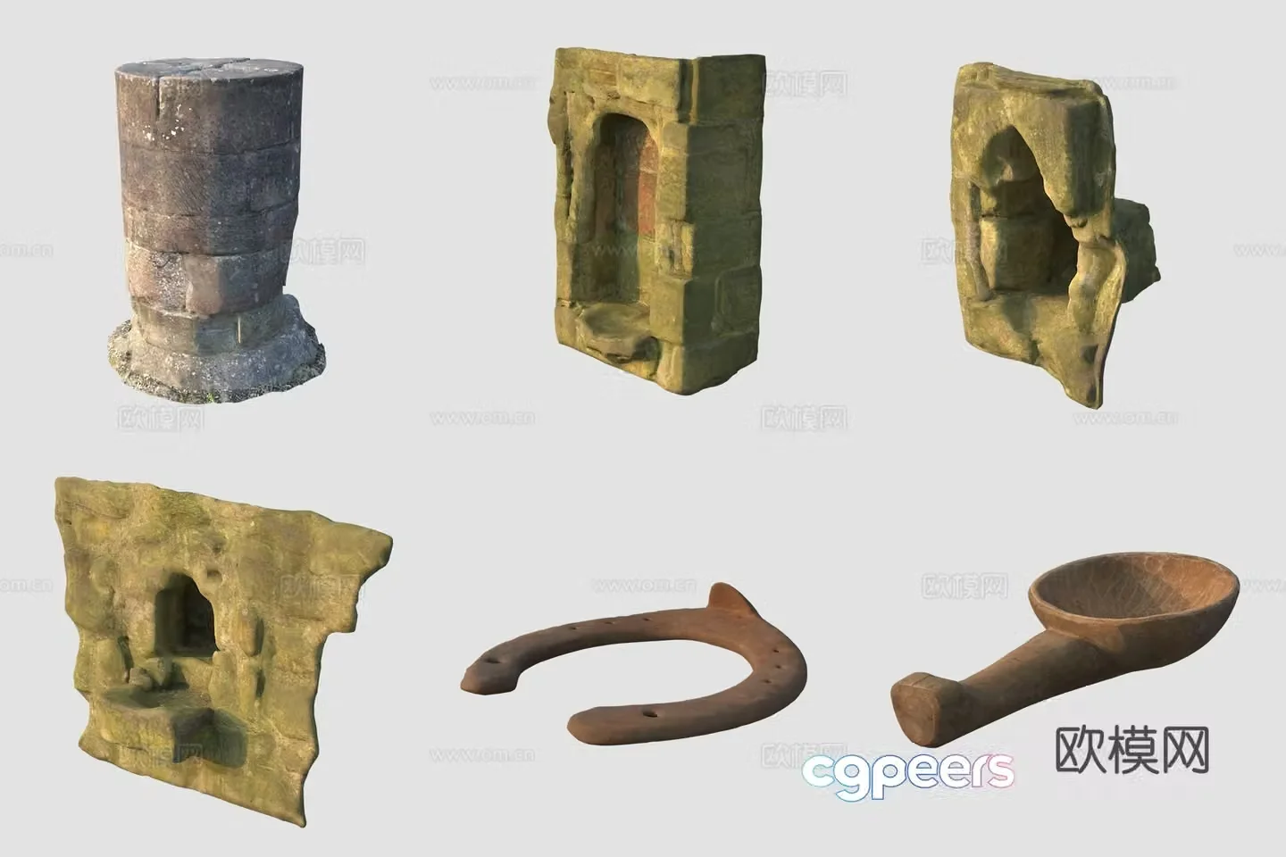Ancient stone pillars wood water scoop stone wall 3d model