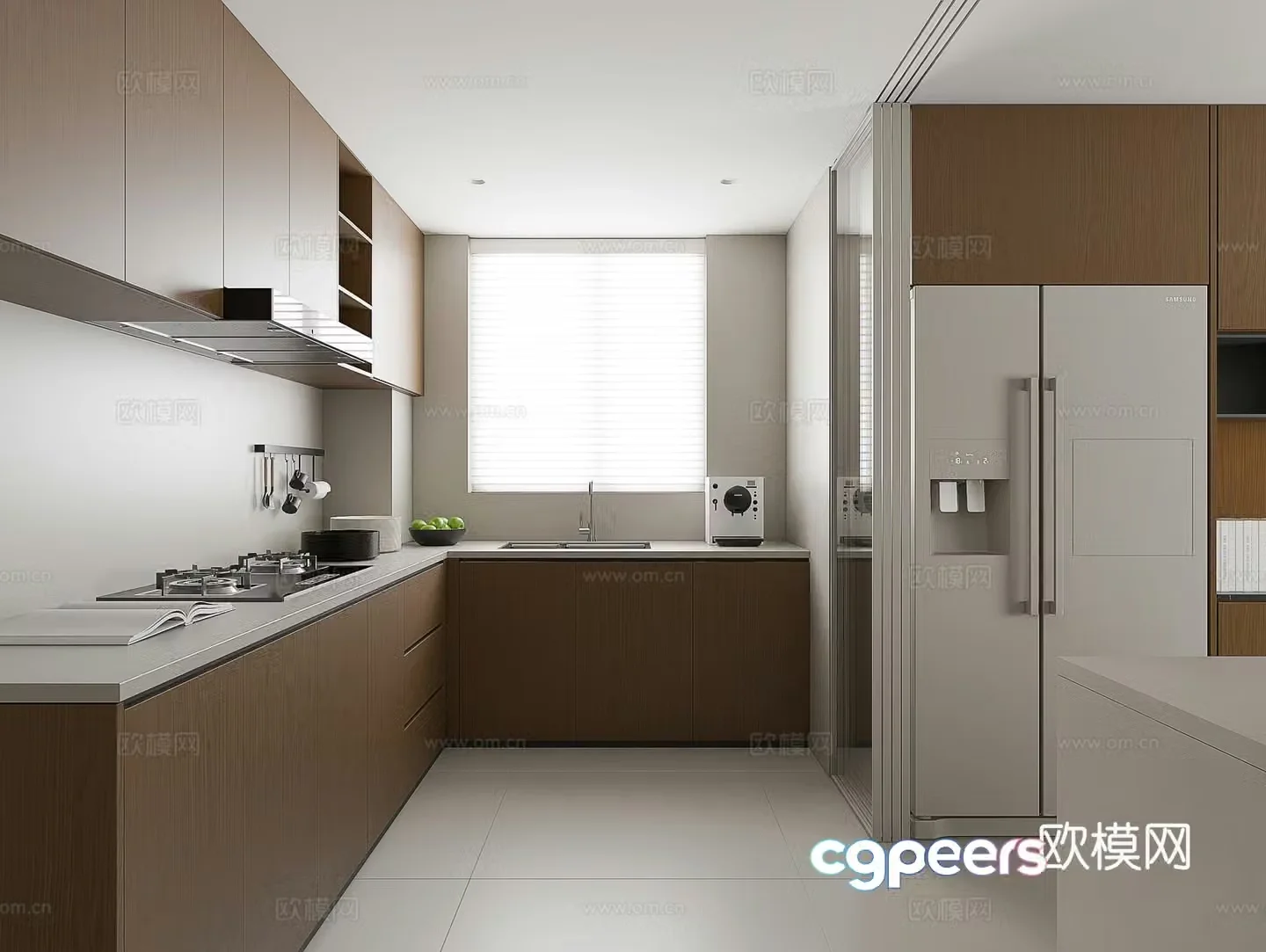 Modern kitchen Creamy kitchen Minimalist kitchen Log kitchen Refrigerator Range hood 3d model