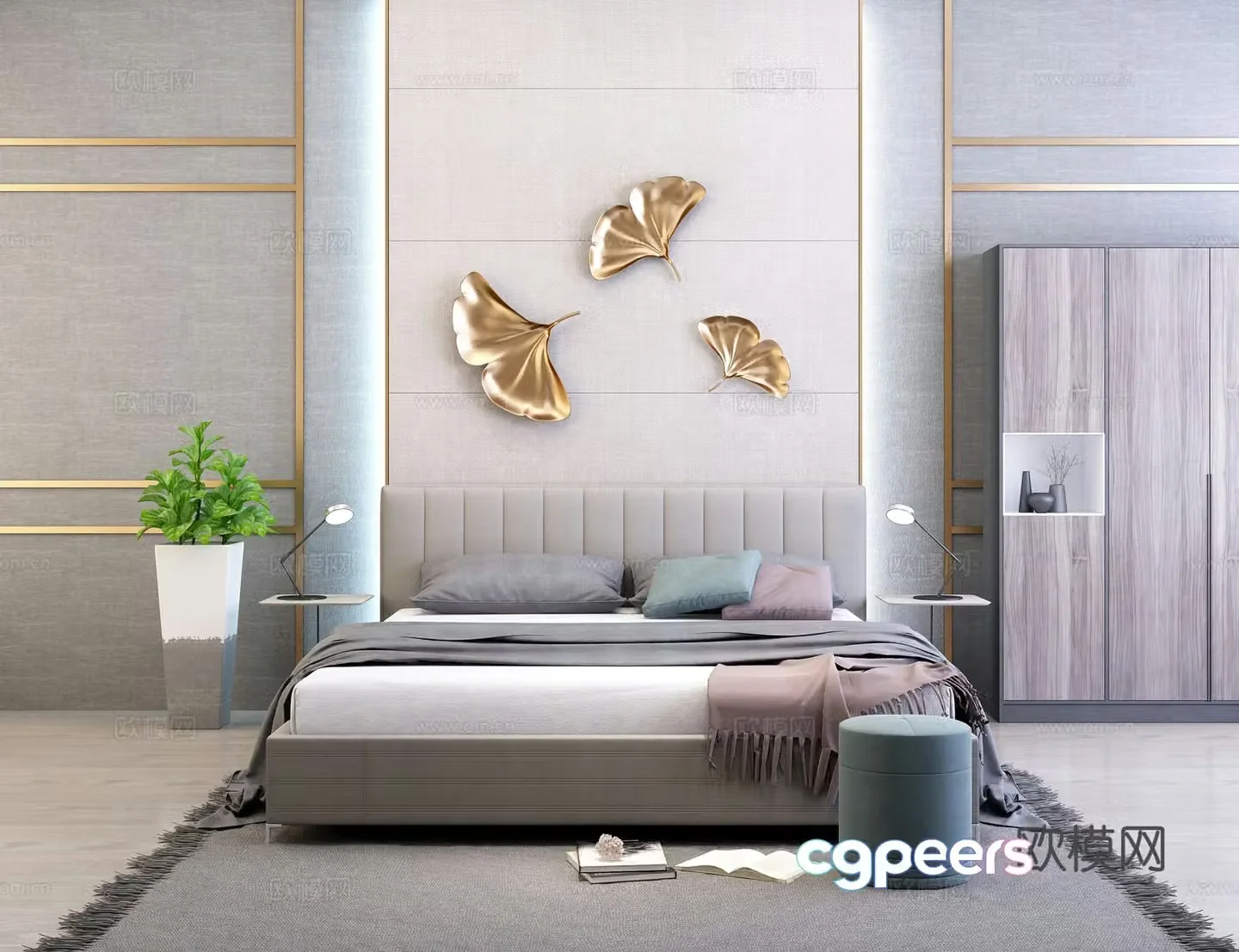Modern big bed decorative painting chandeliers decoration bedside table chest of drawers wall decoration 3d model