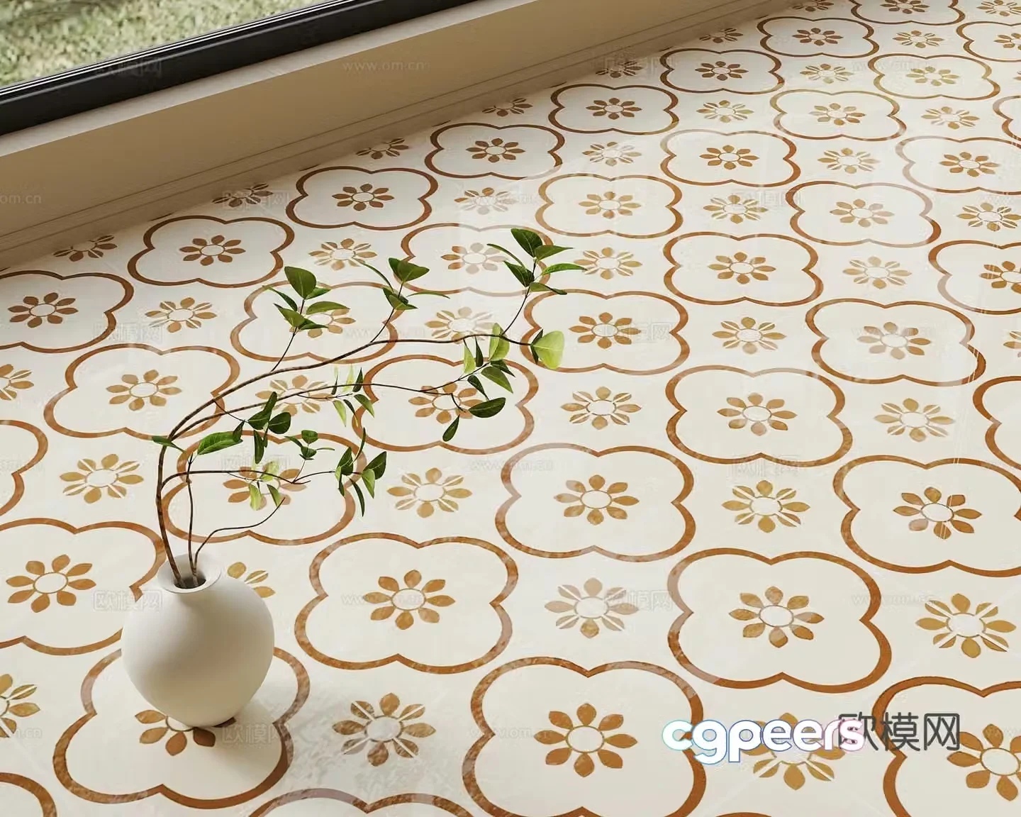 French medieval ceramic tiles seamless medieval small flower tiles 3d model