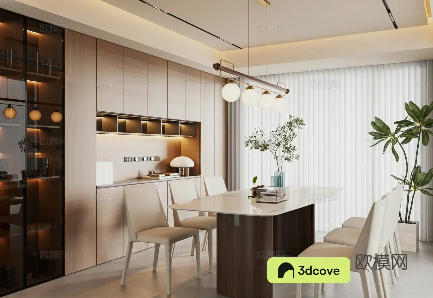 Middle-aged restaurant sideboard dining table and chair combination chandelier green plant potted 3D model