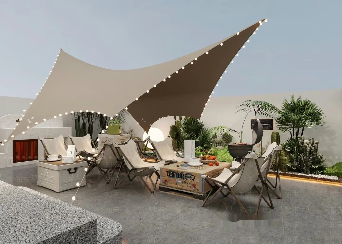 Outdoor Seating Area With A Unique Shade Structure 3D Model – 14720 – VRAY Render
