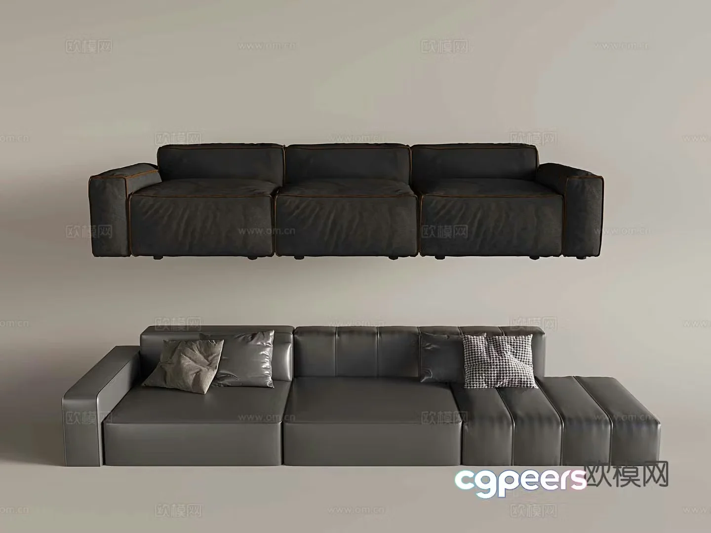 Three-person sofa straight-row sofa tofu module sofa 3D model