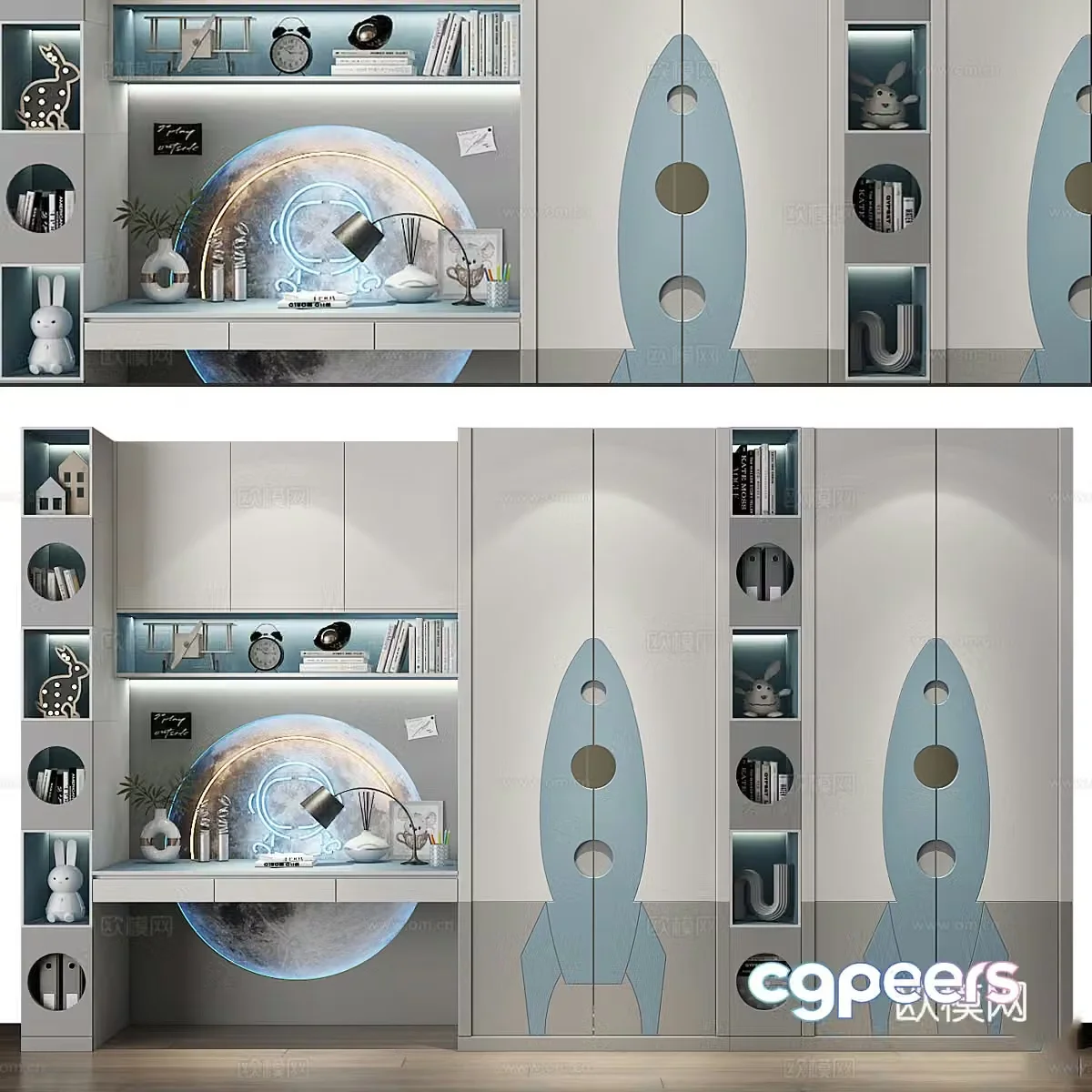 Modern children’s wardrobe children’s bookcase combination 3D model