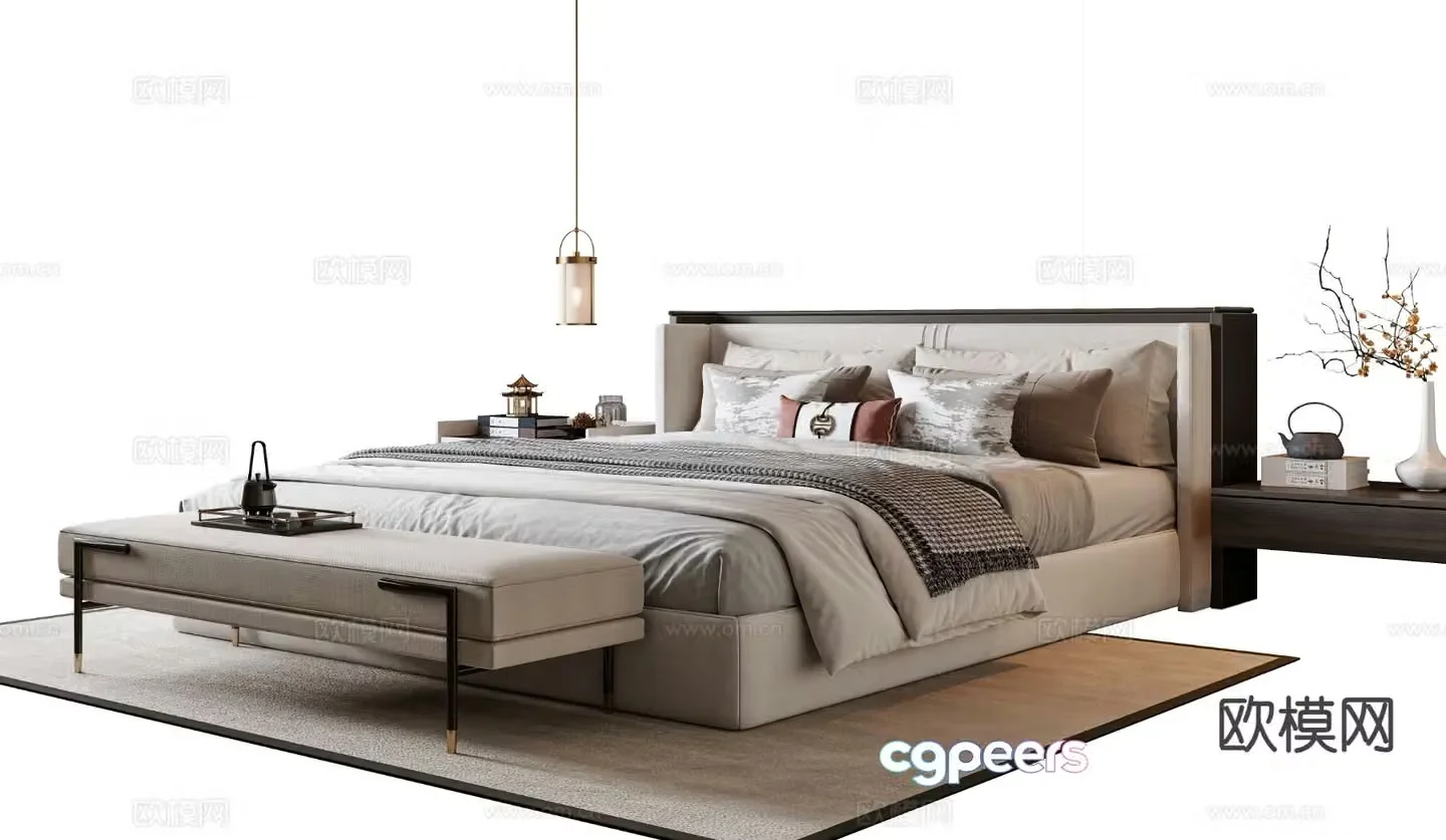 New Chinese style double bed 3d model