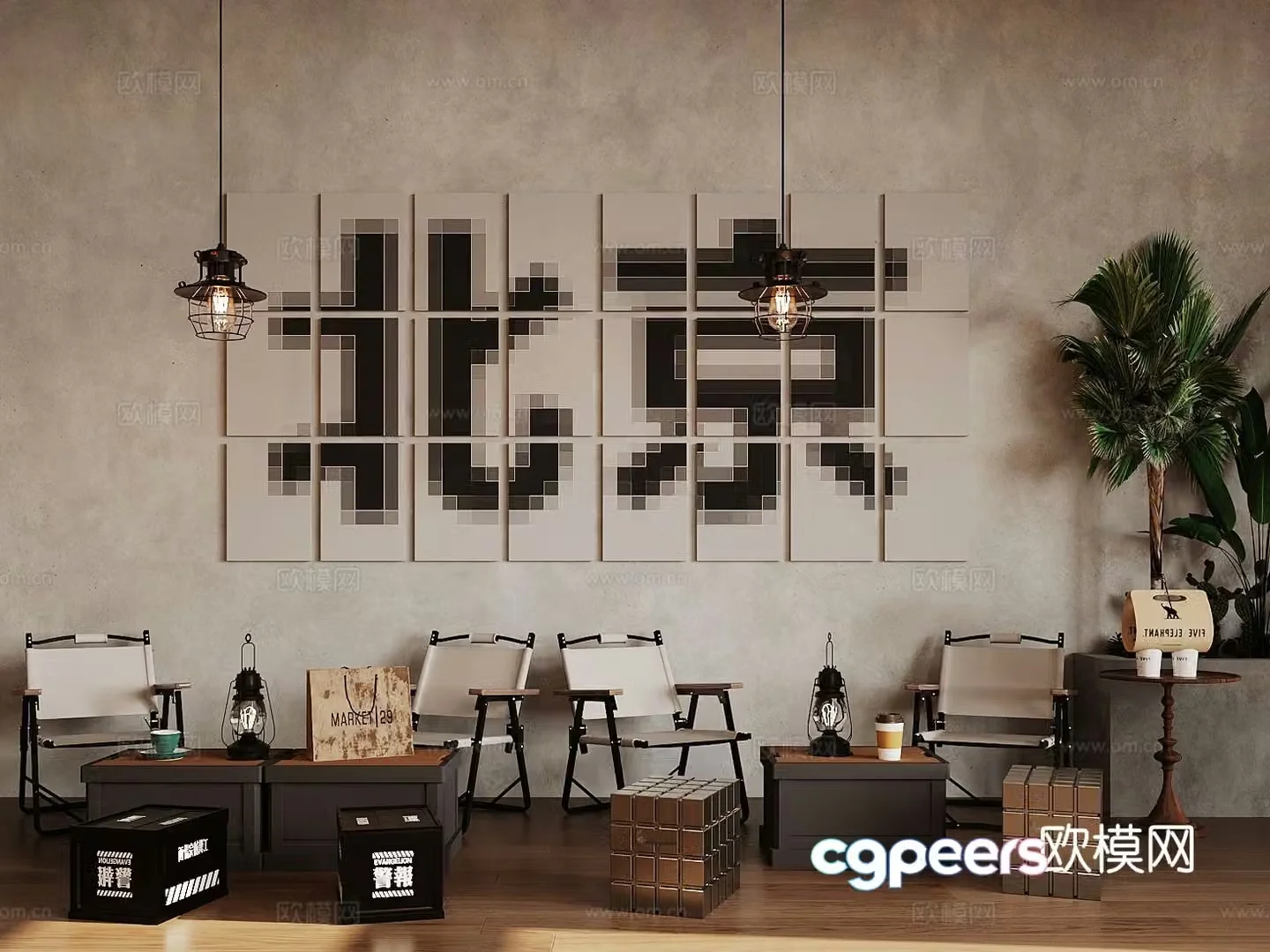 Industrial style Cafe lounge area Camping chair Coffee table and chair 3d model