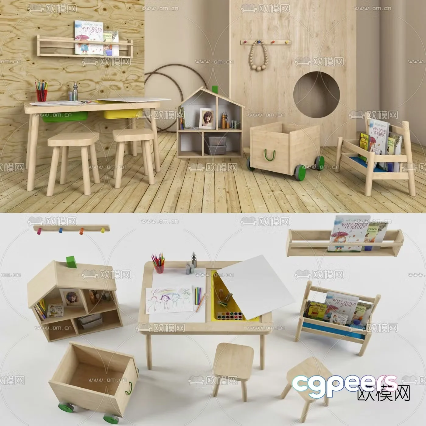 Modern children’s table chair and bookshelf combination 3d model