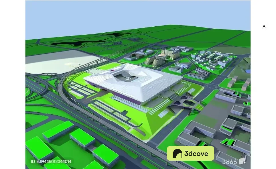 A 3D Rendering Of A Cityscape With A Large Building And Roads