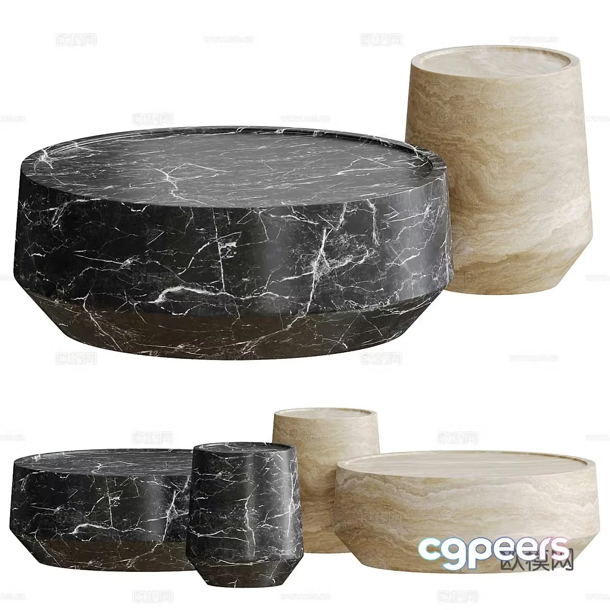 Modern Italian marble round coffee table combination 3D model