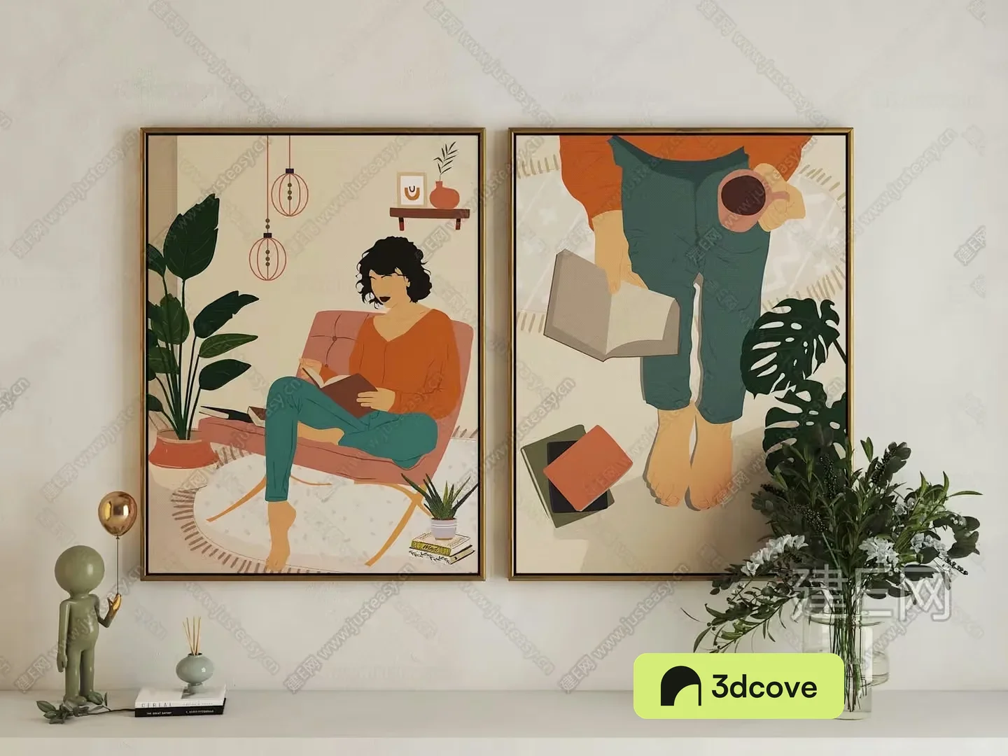 A Framed Illustration Of A Person Sitting In A Chair Reading A Book