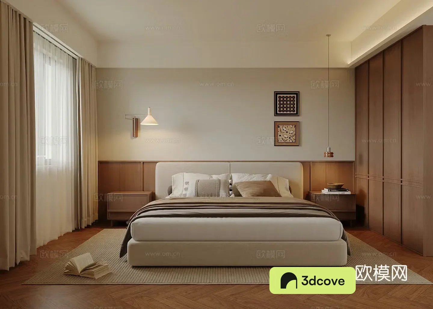 Middle style bedroom double bed wardrobe 3d model