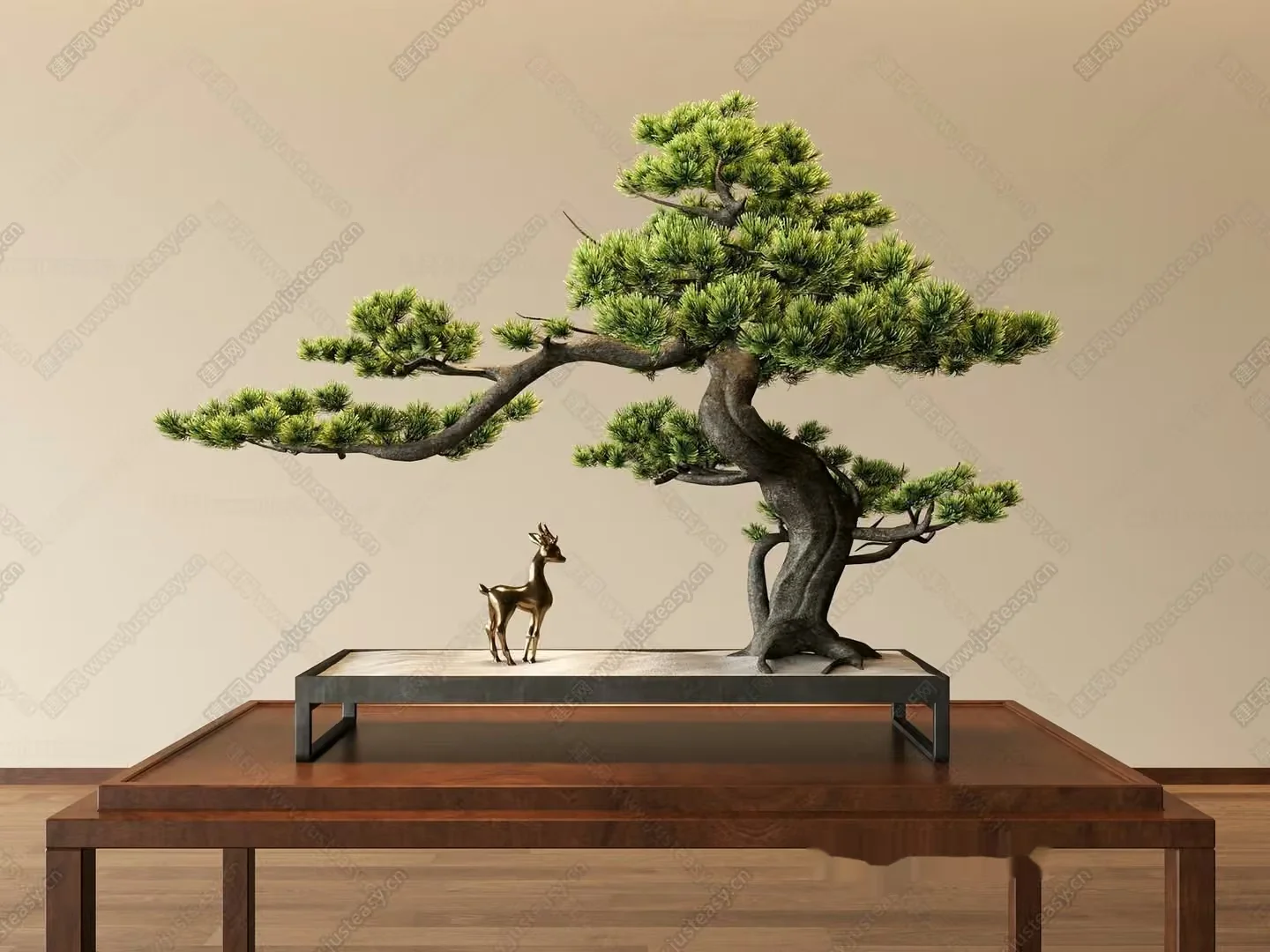 A Table With A Bonsai Tree And A Deer Figurine 3D Model – 22312 – CORONA Render