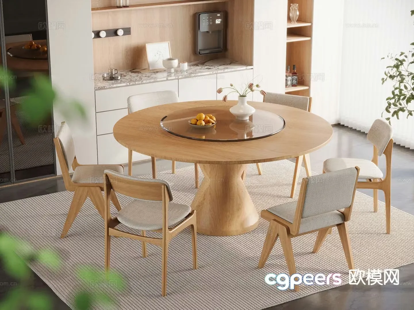 Japanese round wooden dining table 3D model