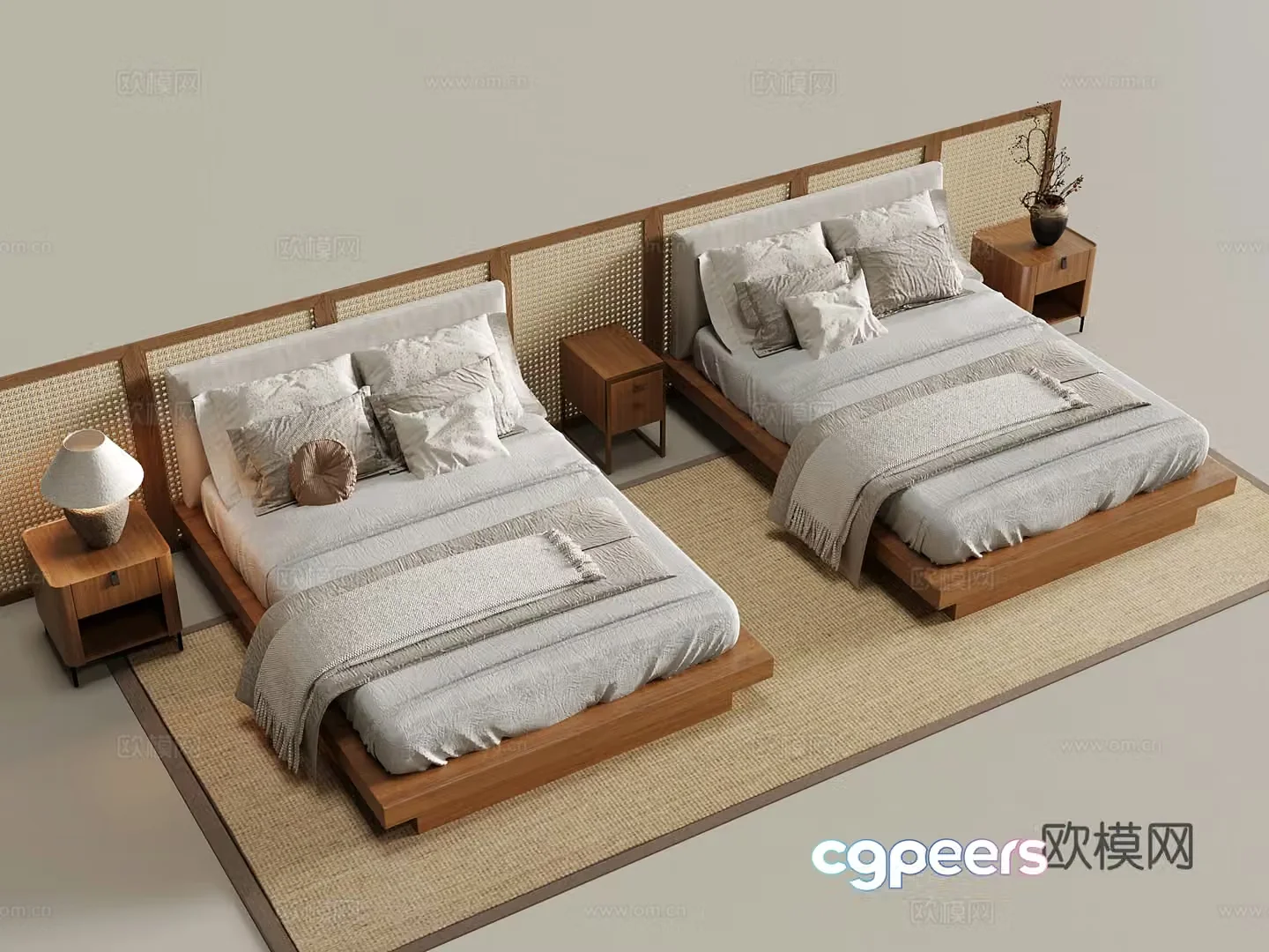Modern hotel double bed nightstand 3d model