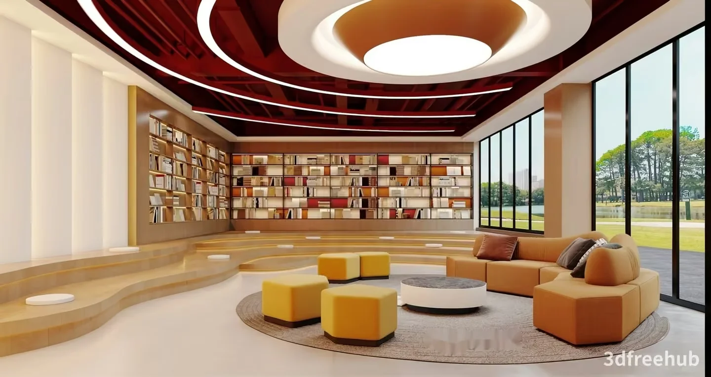 A Modern Library With A Circular Seating Area 3D Model – 2385 – VRAY Render