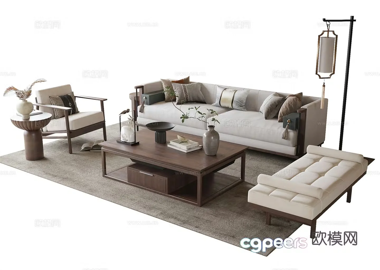New Chinese sofa coffee table combination coffee table bench leisure chair floor lamp 3d model