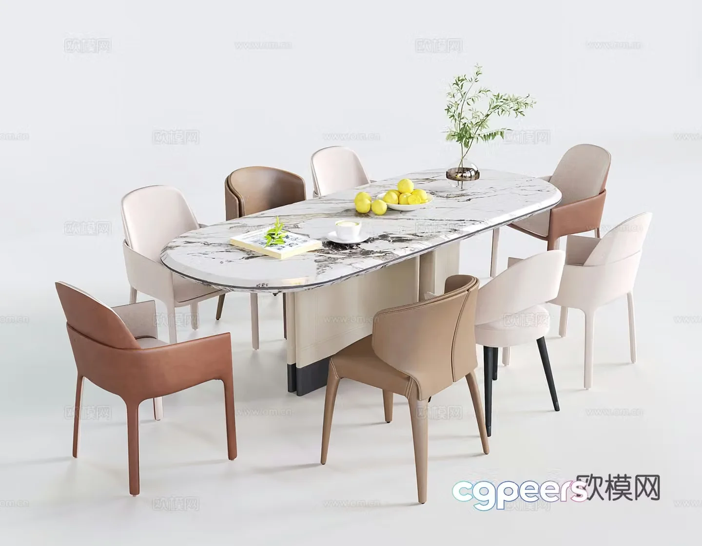 Italian dining table and chairs oval dining table 3d model