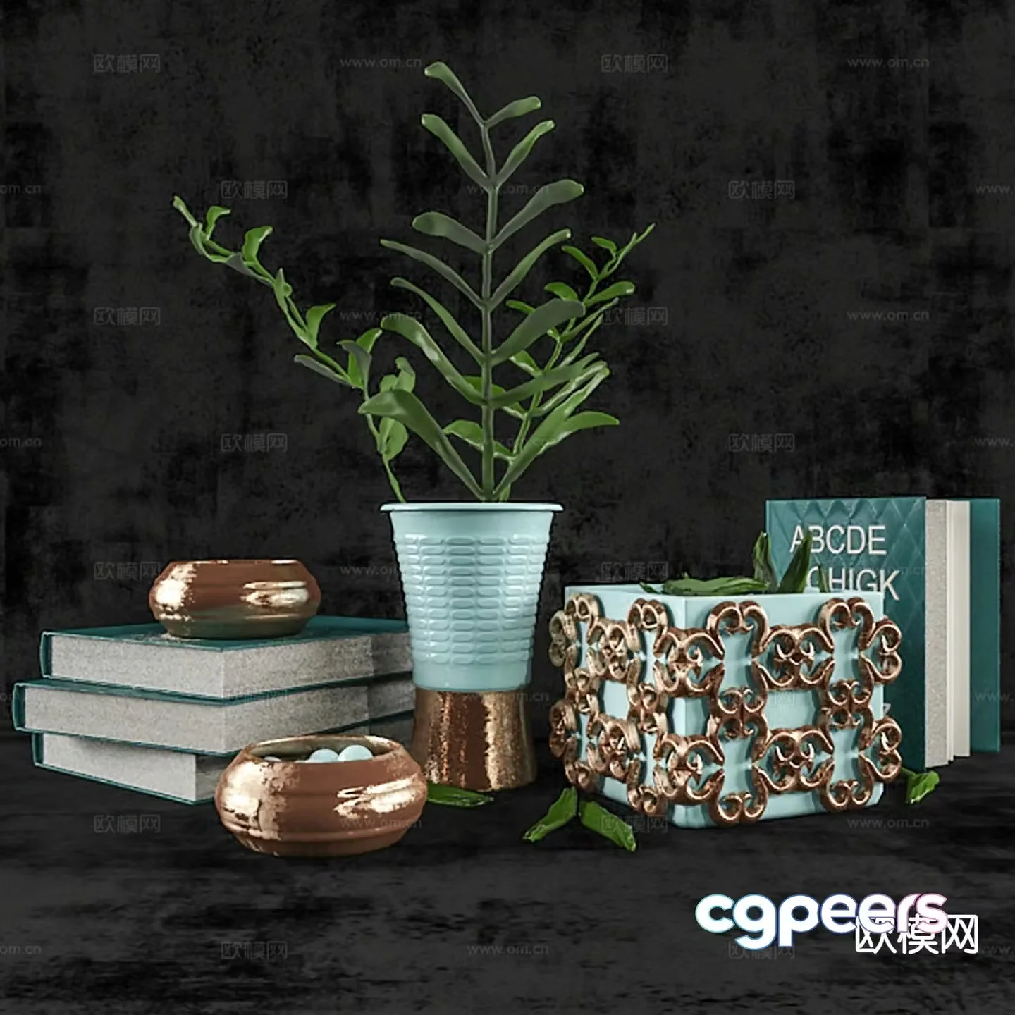 Modern decorations tableware books vases 3D model